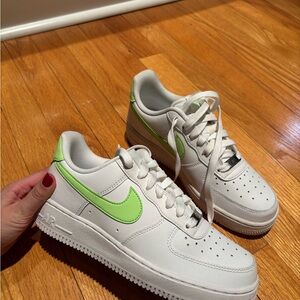Nike White and Neon Green Air Force Sneakers